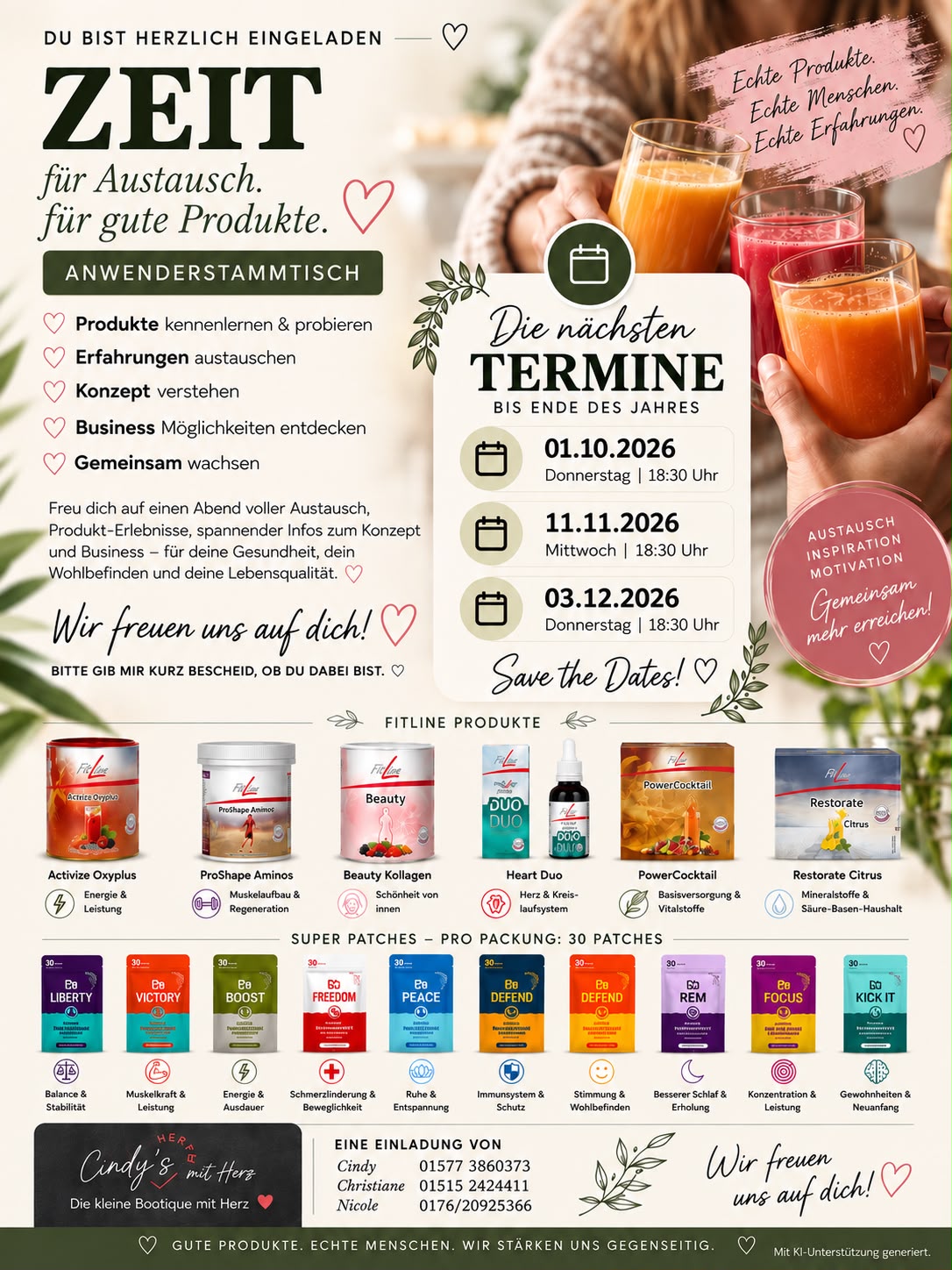 Anwenderstammtisch mit FitLine-Produkten am 1.10., 11.11. und 3.12.2026 jeweils um 18.30 Uhr